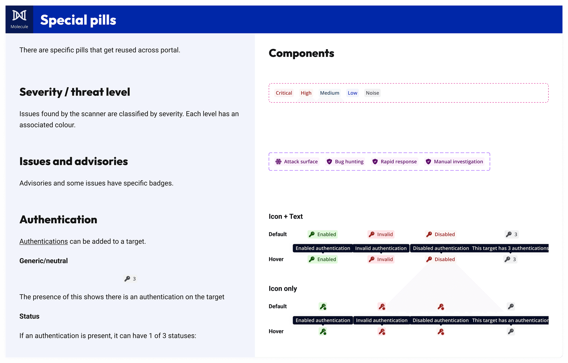 Special pills — severity levels, issues, and authentication states