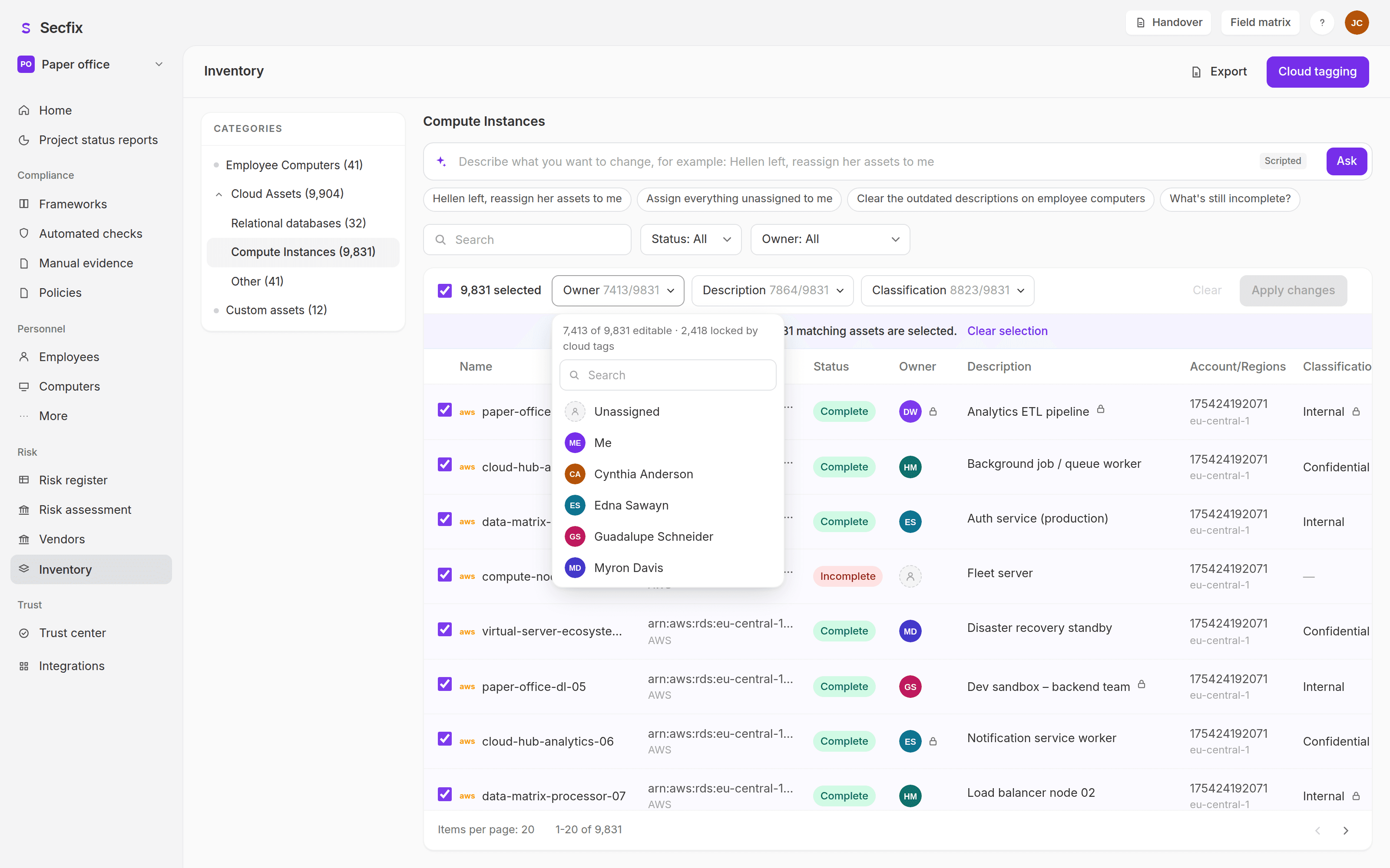 Owner menu showing 7,413 of 9,831 editable and 2,418 locked by cloud tags