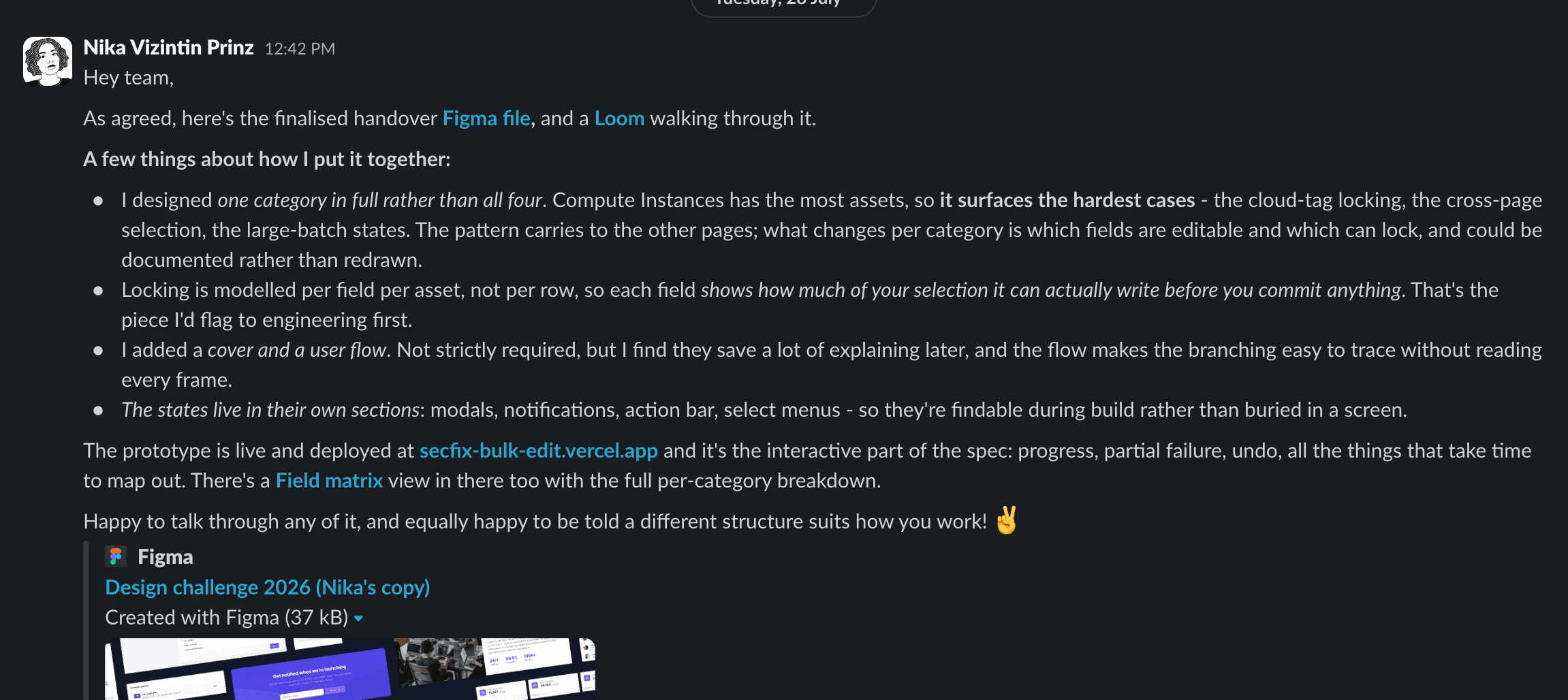 Slack handover message with the finalised Figma file and Loom