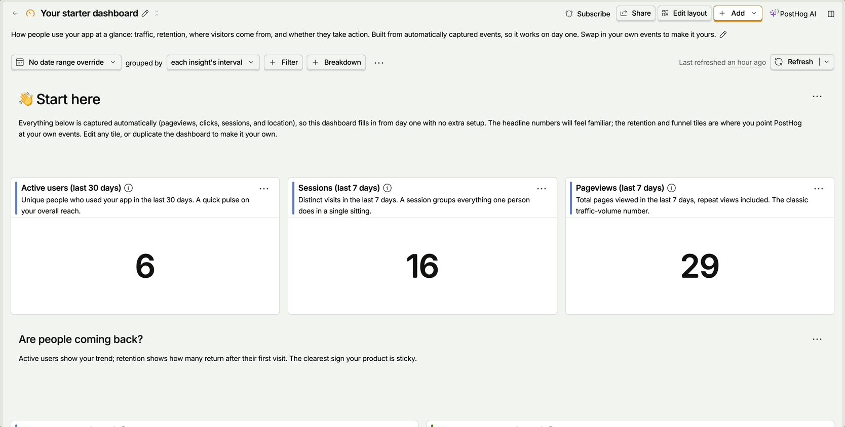 PostHog analytics for the deployed prototype, with visitors, sessions, and session replay